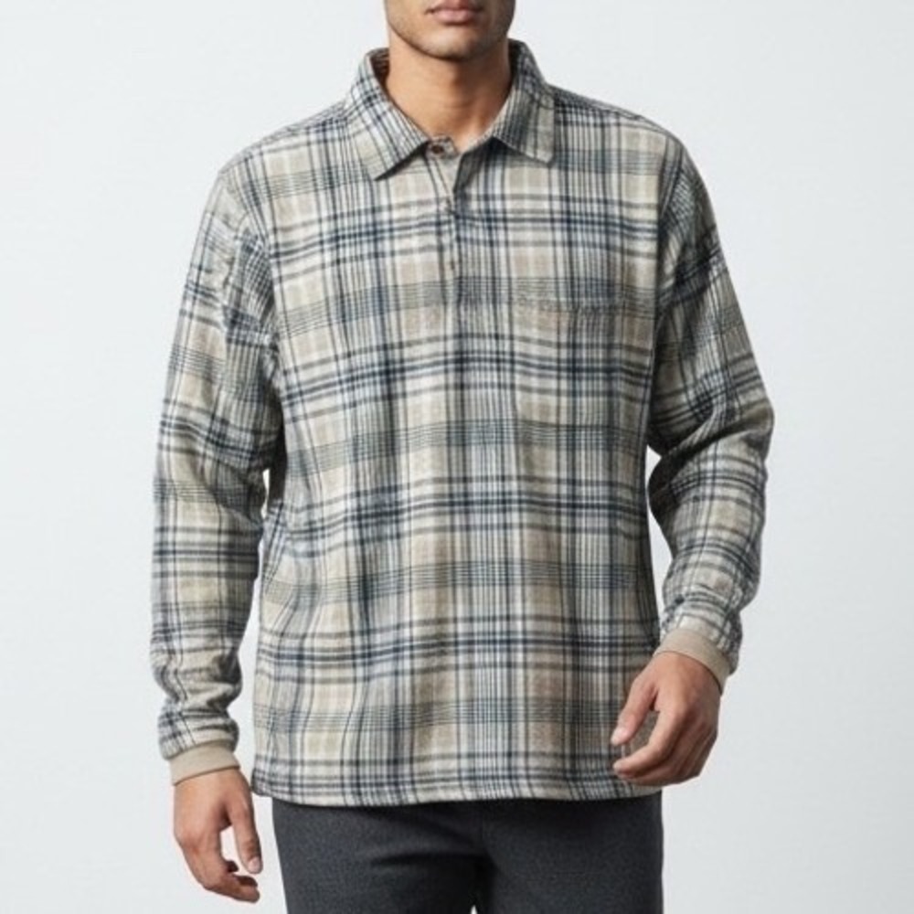 FILA SPORT Plaid Long‎ Sleeve Polo Shirt Tan Navy Cotton Men's Size M